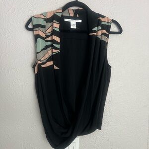 Diane Von Furstenberg abstract black deep v-neck sleeveless wrap blouse 4